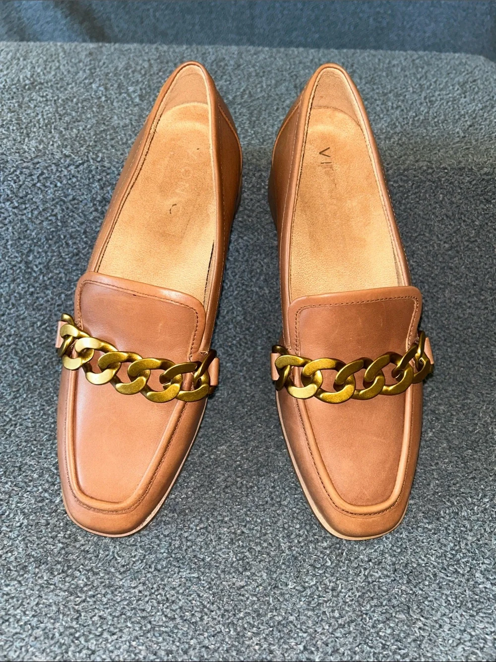 Vionic Brown Leather Loafers with Gold Chain Accent